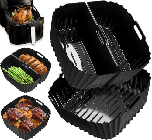 3 Pezzi Teglie Silicone per Friggitrice ad Aria, 22-25CM Quadrata Teglie Cestino Friggitrice ad Aria per Russell Hobbs XXL 8L/8,3L, Moulinex 6,5L/7L/7.5L, Princess 8L, Cecotec 8L,Tristar 8L