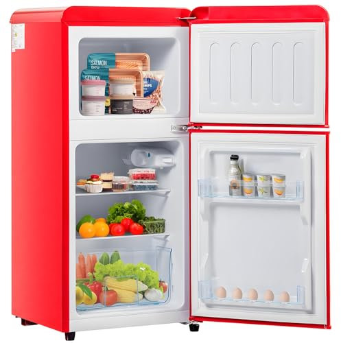 Frigorifero piccolo da 60 litri: frigorifero con capacità di raffreddamento di 38 litri e di congelamento di 22 litri,luce LED,raffreddamento silenzioso,ripiani regolabili, classe energetica E,Red