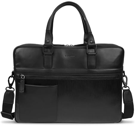 bugatti Joel Aktentasche aus Leder Plissee-Struktur, Businesstasche Laptopfach 15, schwarz