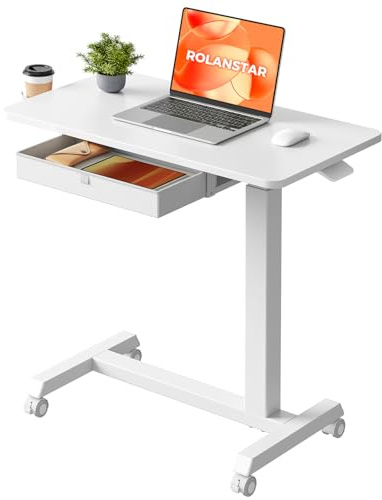 Rolanstar Beistelltisch mit Rollen, Laptoptisch Höhenverstellbar mit Schublade, Betttisch auf Rollen mit Getränkehalter für Sofa, Bett & Lesestunden (Weiß)
