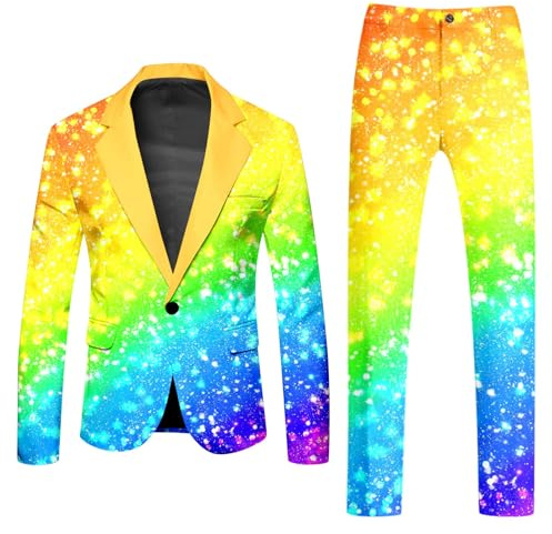 ZDSUHYIW Regenbogen Anzug Herren 2 Teilig Sets Rainbow Anzüge Herrenanzüge Funky Anzug Suit Neon Farbigen Blazer Sakko Hose Pride Jackett Mardi Gras Karneval Kostüm 80Er Jahre Outfit