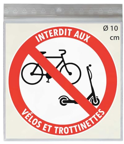 4 Stickers Ø 10 cm INTERDIT AUX VÉLOS ET TROTTINETTES P105 autocollant | Étiquettes autocollantes rondes de signalisation en vinyle adhésif d'interdiction de vélo et trottinette
