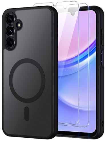 Oelrstfe Coque pour Samsung Galaxy A15 4G/5G Compatible avec MagSafe avec 2 Verre Trempé, Magnétique Etui Translucide Mat Arrière Housse, Protection D'objectif Ultra Fine Antichoc Case, Noir