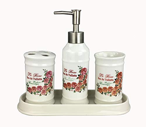 Landhaus Vintage Keramik Badset (Rosen) Badezimmerset Badezimmer Badeset Set Bad Zubehör, Seifenspender Zahnbürstenhalter Schale Zahnputzbecher Badgarnitur Garnitur (4er Set)