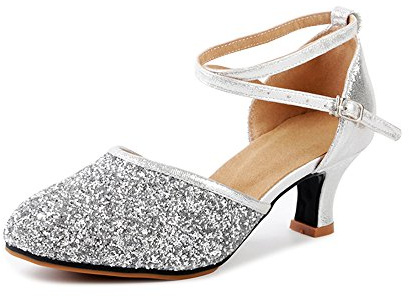 OCHENTA Womens Sequined Leather Pointed Toe Kitten Heel Latin Ballroom Dance Shoes Suede Silver-UK 3.5-Tag 37