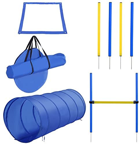 PawHut Agility Sport pour Chiens équipement Complet Obstacles, Tunnel, Slalom, Zone Repos + 2 Sacs de Transport Bleu Jaune