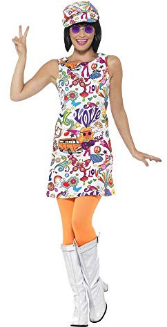 shoperama 60's Groovy Damen Kleid mit Ballon-Kappe A-Linie Mini-Rock 60er Jahre Sixties Twiggy Flower Power Peace Love Hippie, Größe:S