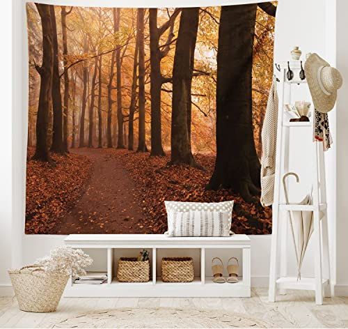 ABAKUHAUS Wald Wandteppich und Tagesdecke, Herbst Wandern Enchanted aus Weiches Mikrofaser Stoff Waschbar ohne Verblassen Digitaldruck, 230 x 140 cm, Dunkelorange Dunkelbraun