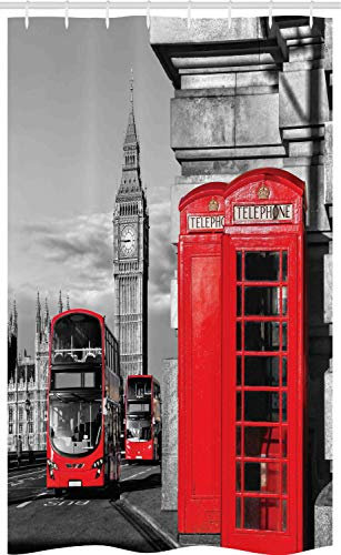 ABAKUHAUS Europa Schmaler Duschvorhang, London Retro Telefonzelle, Badezimmer Deko Set aus Stoff mit Haken, 120 x 180 cm, Grau Rot