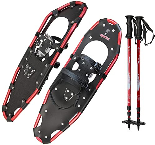 ALPIDEX Schneeschuhe Aluminium Rahmen Damen Herren ab Schuhgröße 36 bis 135 kg Ratschenbindung Tragetasche, Farbe:Black/Red 30 mit Stöcken