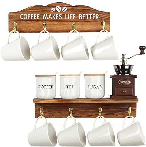 JACKCUBE Design Coffee Mug Rack, Wall Mounted Wooden 12 Cup Holder Organizer with Coffee Sign for Home Kitchen Cafe Decor - MK737A