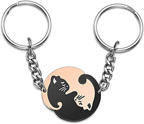 Geschenkehöhle PREMIUM Schlüsselanhänger 2 Paar Katzen Motiv Keychain als Ying Yang Tai-Chi Puzzle Set für Paare aus Edelstahl - Anhänger für den Schlüsselring und Schlüsselbund (schwarz/roségold)