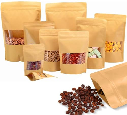 Wonninek 100Pcs 20 x 30 cm Self-Sealing Kraft Paper Bag with Window, Resealable Kraft Stand Up Pouches, Kraft Zip Lock Food Storage Bags, Suitable for Snack Cookies Candy, Coffee Been, Nuts