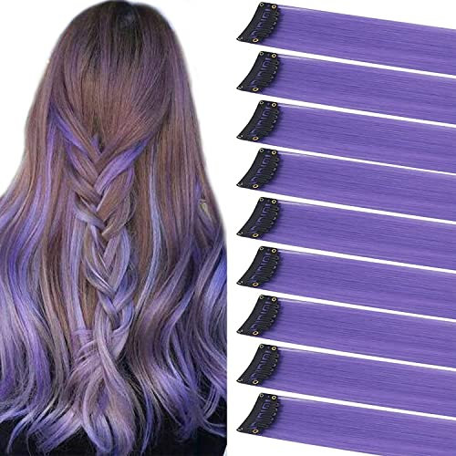 ZHAOWWEI 9 Stück Princess Bunte Erweiterungen Mehrfarbige Party-Highlights Streifen Synthetische Haarteile Clip-In/Clip On Farbige Haarverlängerungen Coloured Hair Extensions (Lavendel)