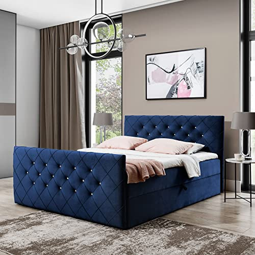 Boxspringbett Doppelbett MONAKO - Bett mit Bonellmatratze, mit Bettkasten für Bettwäsche und Topper. Gepolstertes Kopfteil und Fussteil mit Einer eleganten Steppung verziert (Dunkel blau, 200x200)