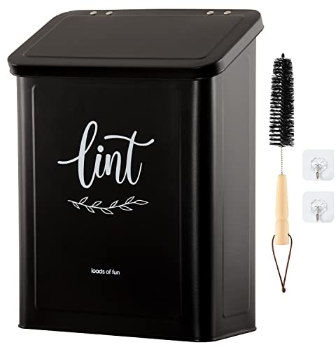 Perfnique Magnetic Lint Bin for Laundry Room with Lint Brush, Wall Mounted Lint Holder Trash can with lid for Dryer, Modern Farmhouse Rustic Metal Laundry Room Storage Organization and Decor(Black)