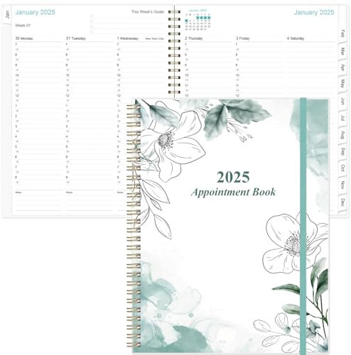 Terminkalender 2025-2026 - 21,6 x 27,9 cm - Tages- und Stundenplaner 2025 von Juli 2025 - Juni 2026, Wochen-Terminkalender mit 30-Minuten-Intervall, Blaugrün Blumen