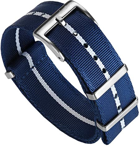 WatchGecko Schweizer Qualität Signature Military Nylon Uhrenarmband. Nylon-Herren-Ersatzarmband. Robustes, schnell trocknendes und sicheres Uhrenarmband für Outdoor-Aktivitäten. Blau & Weiß, 19 mm