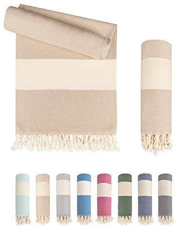 LAYNENBURG Premium Hamamtuch mit handgeknüpften Fransen - 100% Baumwolle - XXL Strandtuch 95x180 cm - Oeko TEX 100 - Strand-Handtuch Karomuster groß - Reisehandtuch & Saunatuch (Beige)