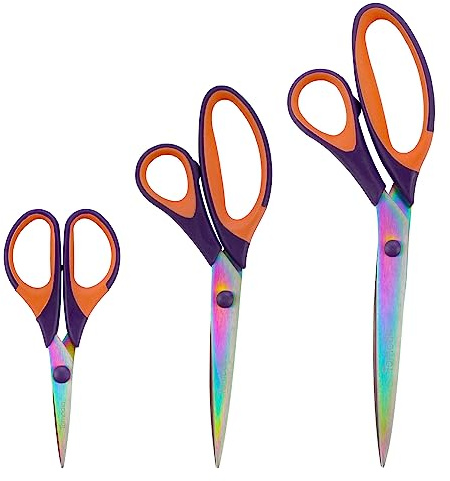 BambooMN Titanium Softgrip Scissors Set for Sewing, Arts, Crafts, Office - Purple w/Orange - 1 Set of 3