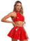 TiaoBug Damen Wetlook Dessous Set Sexy Neckholder Crop Top und Hohe Taille Skater Teller Glocken Rock Lack Leder Optik Gogo Raver Outfit Clubwear Rot Crop Top 4XL