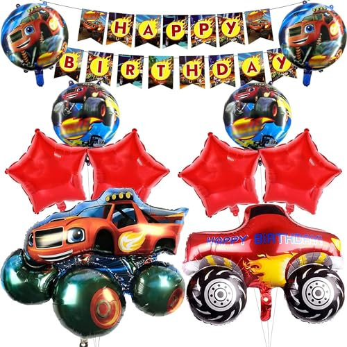 Cars Geburtstagsdeko Jungen,Monster Truck Geburtstag Deko,mit 2 Cars Luftballons,4 Rot Stern Folienballons + 4 Runden Auto Folienballons,Happy Birthday Banner (Rot)