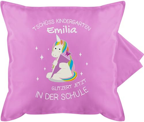 Kissenbezug - Einschulung Kissen - Einhorn Tschüss Kindergarten Schultüte Lila - 50 x 50 cm - Pink - personalisierte geschenke mädchen schulanfang sitzkissen schule schulkind kita kissenhülle