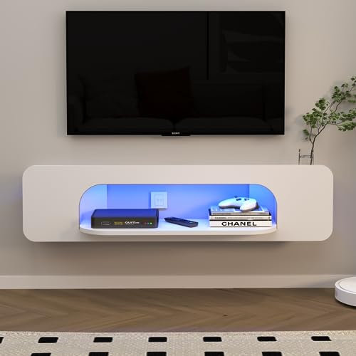 Pmnianhua Floating TV Stand with LED Lights, Wall Mounted TV Shelves with 1 Open Shelf, Modern Entertainment Media Console Center Large Storage Shelf Under TV for Living Room (146cm, White)