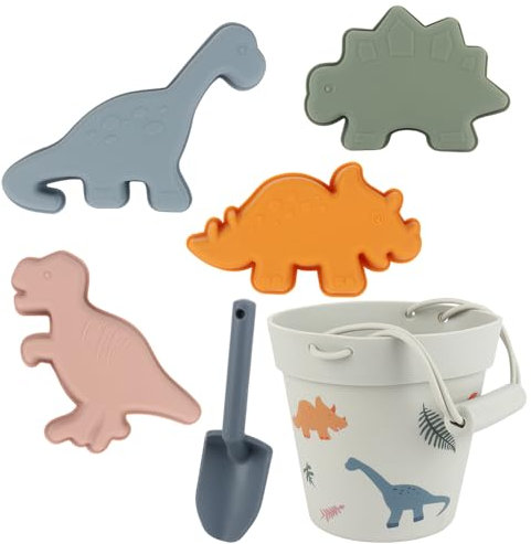 FENYW Strand Sandspielzeug Set Silikon 6SPCS Kinder Sandkasten Spielzeug Strandspielzeug Set mit Eimer Schaufel und 4 Sandförmchen für Jungen und Mädchen Kinder(Dinosaurier)