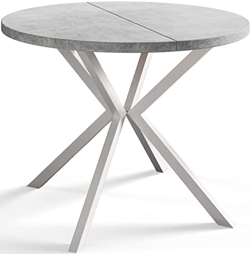 AlpiMeble Runder Esszimmertisch LOFT LITEN, ausziehbarer Tisch Durchmesser: 120 cm/200 cm, Wohnzimmertisch Farbe: Hellgrau, mit Metallbeinen in Farbe Weiß
