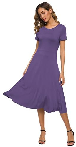 EXCHIC Donna Manica Corta Tinta Unita Girocollo Elastico A-Line Vestito Casuale Eleganti Girocollo Midi Abito(XXL, Viola Chiaro)