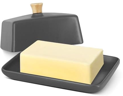 Flexzion Ceramic Gray European Butter Dish with Lid for Countertop (8 Inch) - Wide 2 Stick Double Butter Holder for Counter, Cream Cheese Container Storage Keeper
