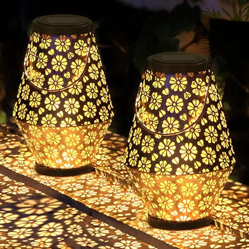 BBLTIFF Solarlaterne für Außen 2 Stück, Solarleuchte Hängend, Wasserdicht Metall Solarlampen, Solarlampen für Außen Garten, Solarleuchte Tisch Outdoor für Draußen Garten, Dekoration Garten, Rasen