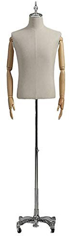 Weiße männliche Schaufensterpuppe, Kleiderform, Torso mit Rädern und Holzarmen, männliche Erwachsene, Oberkörper-Schaufensterpuppe, verstellbare Höhe 160–188 cm (Farbe: Silber, Größe: Mittel) Hello