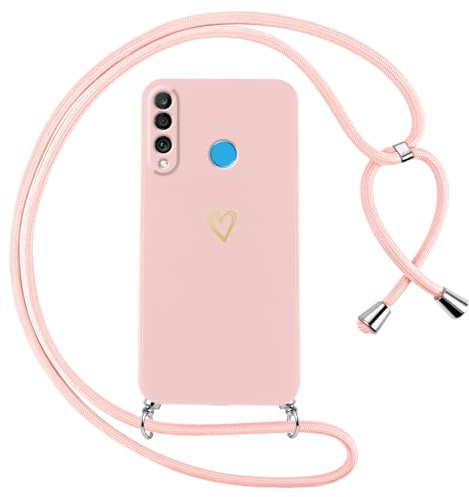 Oelrstfe Handyband für Huawei P30 Lite/Nova 4e Hülle mit Band Herz Motiv Handyhülle für zum Umhängen Silikon Stoßfest Ultra Dünn Weich Schutzhülle mit Kordel Necklace Kette Love Muster Case,Rosa