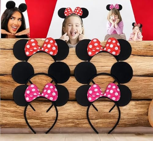SERENA'S 6 PCS Mickey Minne Mouse Ears Cartoon Headband Black Pink & Red Polkadot Birthday Halloween, Party Accessories, Mickey Minnie Ears for Adults/Children Fancy Dress Costume Head Band Accessory