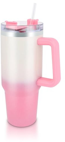 40oz Travel Mug with Handle, Stainless Steel Insulation Tumbler with Straw Lid, Reusable Coffee Cup, Water Bottle Thermos for Hot Iced Drink (White-Pink)