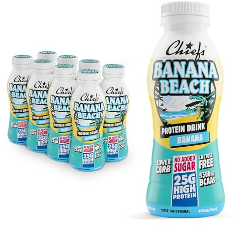Boisson protéinée - Chiefs Milkshake Banane - Sans sucre ajouté et sans lactose - Riche en protéines avec 25 g de protéine - Bouteilles de 8 x 330 ml - Délicieux goût crémeux