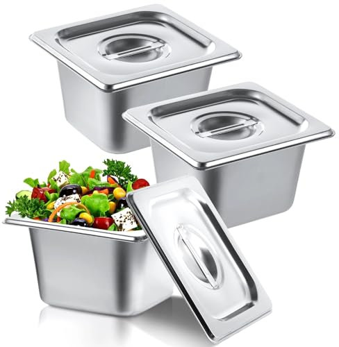 Varku 3 Stück Hotelpfannen aus Edelstahl, 1/6 Größe 10 cm tiefe Pfannen mit Deckel, Catering-Pfannen mit Abdeckung, Dampftischpfannen, stapelbare Frischhaltebehälter, Metall-Dampfpfannen für Buffet