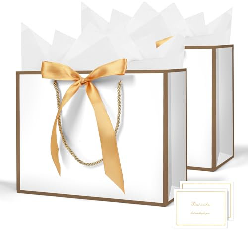 AMFUN 2 sacchetti regalo bianchi medi, in carta, con 4 involucri e 2 biglietti, sacchetti regalo con manici, sacchetti di carta bianca per donne, San Valentino, ragazze, damigella d'onore, compleanno