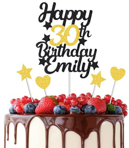 EKAM Personalised Happy Birthday Glitter Cake Topper Customised with Any Age Name, Black Gold Glittery Cake Decorations with Stars, Party Cake Decoration for 1st 10th 16th 18th 20th 21st 30th 50th