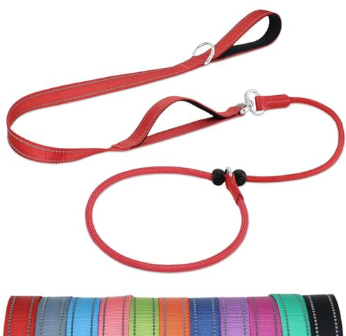 Joytale Doppelter Griff Retrieverleine mit Zugstopp, 1,8m Verhedderungsfreies Trainingsleine für Hunde, Reflektierend Führleine aus weichem Nylon für Kleine und Mittlere Hunde, Rot