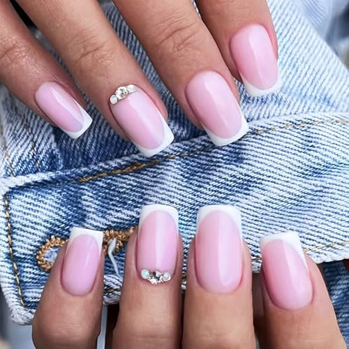French Tip - False Nails Square - 24Pcs White Tip Stick on Nails French Designs with Rhinestone - Press on Nails with Glue - Acrylic Full Cover Artificial Fake Nail for Women and Girls