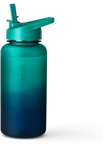 VINSUN Sportflasche 1L Tritan mit Strohhalm Deckel - auslaufsicher, BPA frei - blaue grüne Trinkflasche für Kinder und Erwachsene - Wasserflasche für Sport, Schule, Arbeit