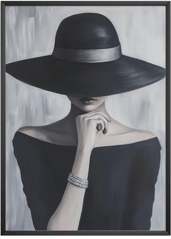 MJ-GRAPHICS® Fashion Poster Frau mit Hut Poster Schwarz-Weiß Wandbild Kunst für Wohnzimmer, Schlafzimmer, Büro, Mode Boutique, Luxus Loft Bilder Stilvolle Wanddeko im Minimalistic – A2 ohne Rahmen