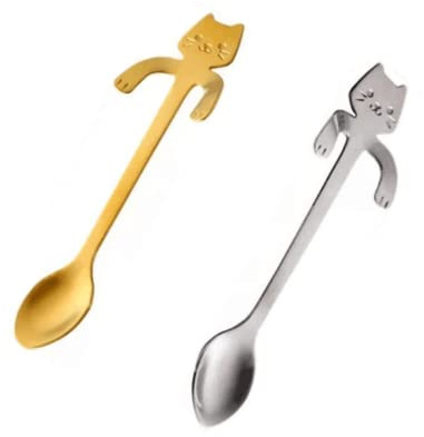 Juego de 2 cucharas de postre con diseño de gato, color dorado y plateado