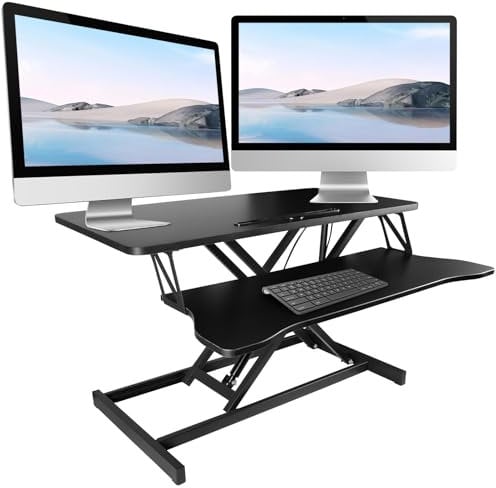 Standing 81 cm Desk Converter Height Adjustable Riser Sit to Stand Dual Monitor and Laptop Workstation with Wide Keyboard Tray for Dual Monitors with Wide Keyboard Tray (Black)