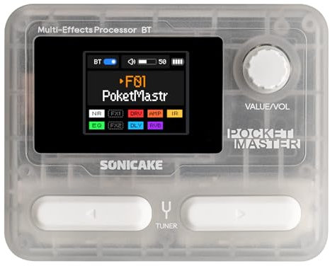 SONICAKE Pocket Master Guitar Bass Amp Modeling IR Cabinets Simulation Multi-Effects with Stereo OTG USB Audio Interface BT Audio 1.77 LCD Color Screen Transparent White