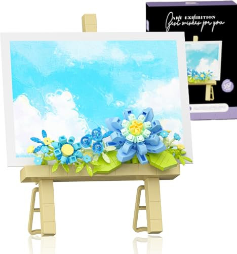 Botanical Mini Flower Bouquet Building Bricks Set - Creative STEM Desk Decor.Block Easel For Photo Easel & Message Plaques,DIY Craft Kit, Kids Adults Home Office Gift (Blue 357pcs)