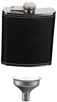 VALICLUD 8oz Petaca De Licor De Acero Inoxidable Con Embudo Tapadera De Cuero Negro Antifugas Para Whisky Ron y Vodka Petaca Portátil Discreta Para Camping Fiesta y Regalo